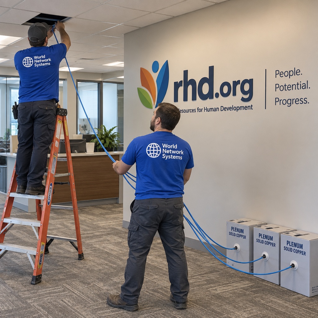 WNS technicians running new network cable drops at RHD (Resources for Human Development)