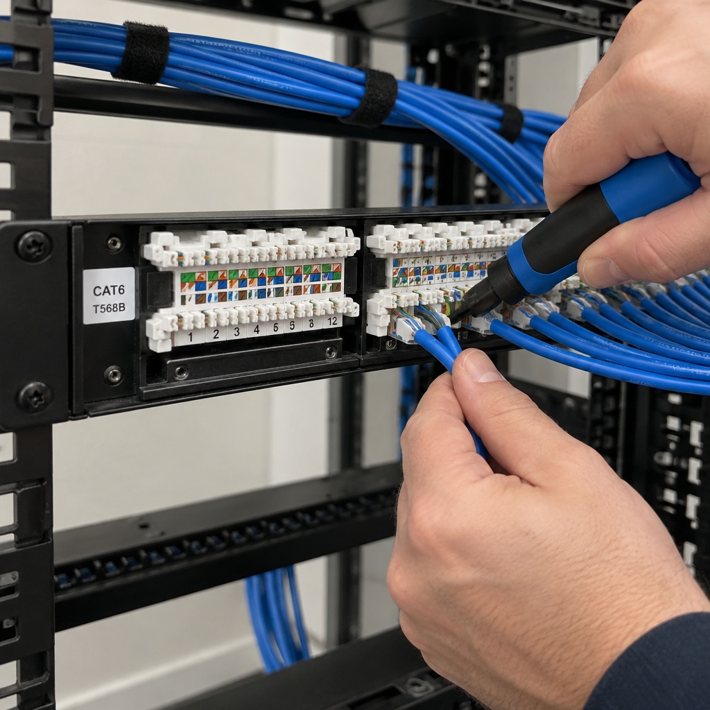 Technician terminating CAT6 cable into a patch panel