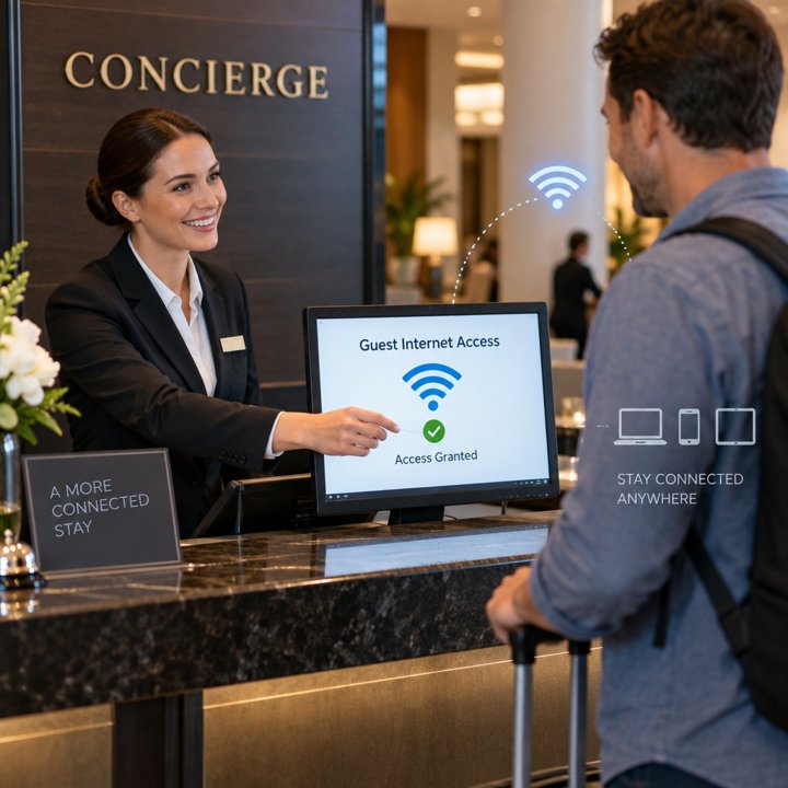 Hotel concierge granting a guest Wi-Fi access from the front desk