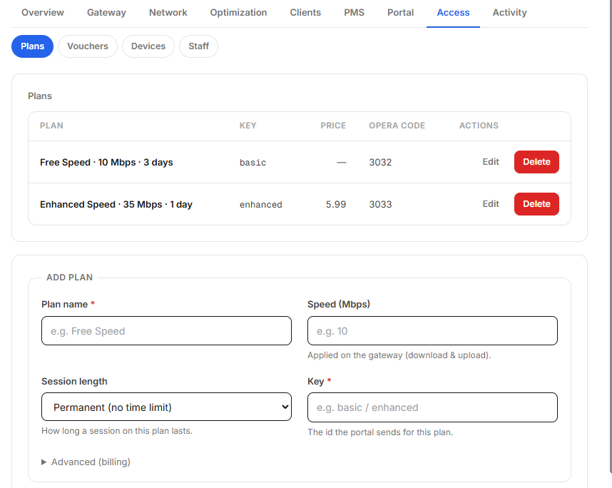 NetConcierge access plans showing speed, price, and Opera code for each plan
